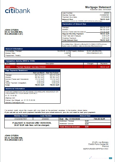 Download France Citibank bank mortgage statement scr Photoshop template